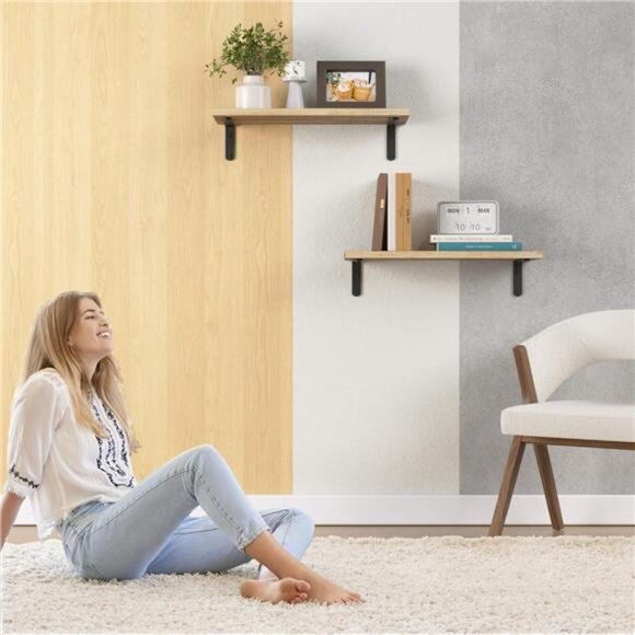 Rustic Wood Shelves Set of 2, Farmhouse Style Floating Shelf - Picture 7 of 8